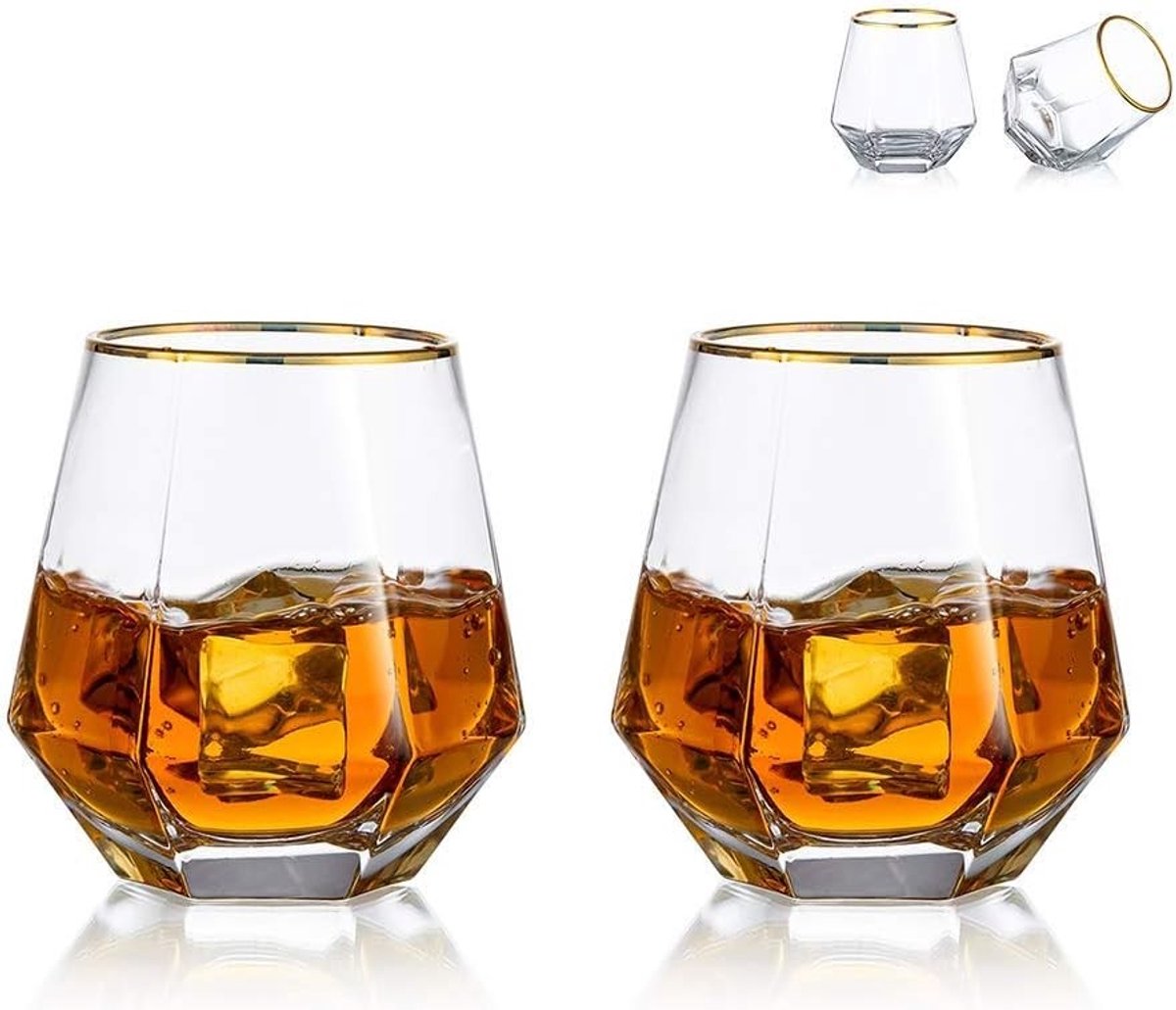 Set van 2 Diamantvormige Whiskey Glazen - Moderne Tumbler voor Water, Sap en Scotch - 300ml Bar Glazen voor Bourbon en Rum