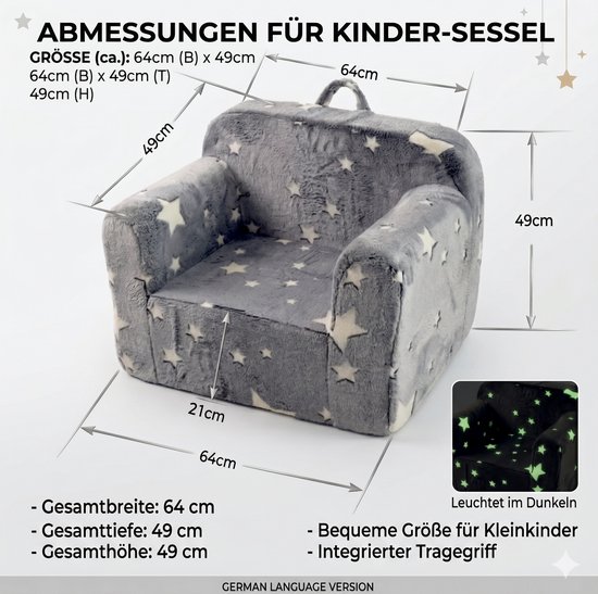 MIVRAY Kinderfauteuil 64 x 49 x 49 cm - Met Armleuningen, Draaggreep en Afneembare Hoes - Voor Slaapkamer en Speelhoek - Stof Grijs Met Sterren van MIVRAY — afbeelding 4