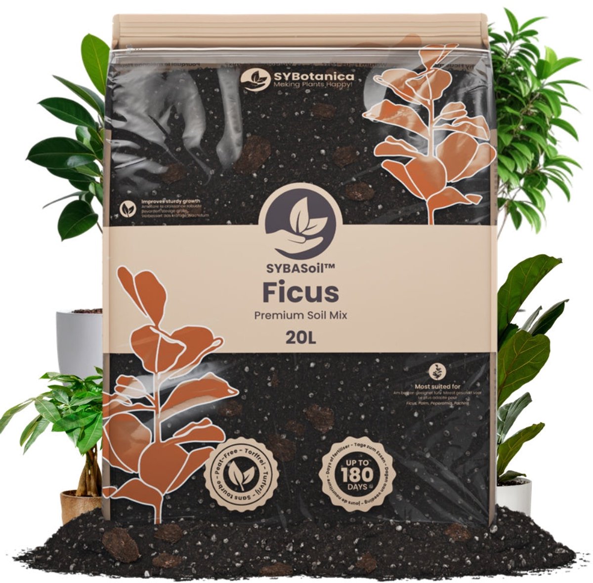 SYBASoil - Ficus mix 20L - Turfvrije Potgrond Mix - 6 Maanden Voeding