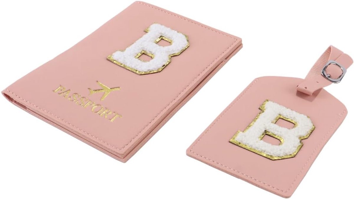 Thijox - Huba Bagagelabel en Paspoorthoes Set Roze PU-Leer Reisorganizer met Geborduurde Letter B voor Vrouwen, Tieners en Meisjes - Stijlvol Reisacce