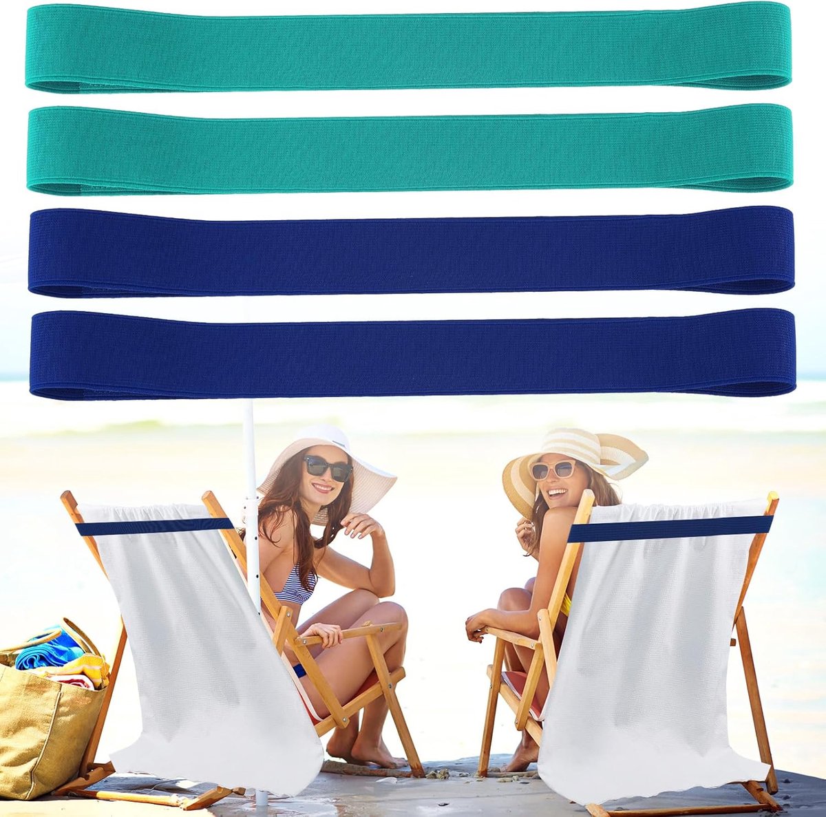 Thijox - Set van 4 Multifunctionele Strandhanddoeken met Elastische Clips - Rekbare, Herbruikbare Handdoekbanden - Blauw en Groen voor Strand, Zwembad