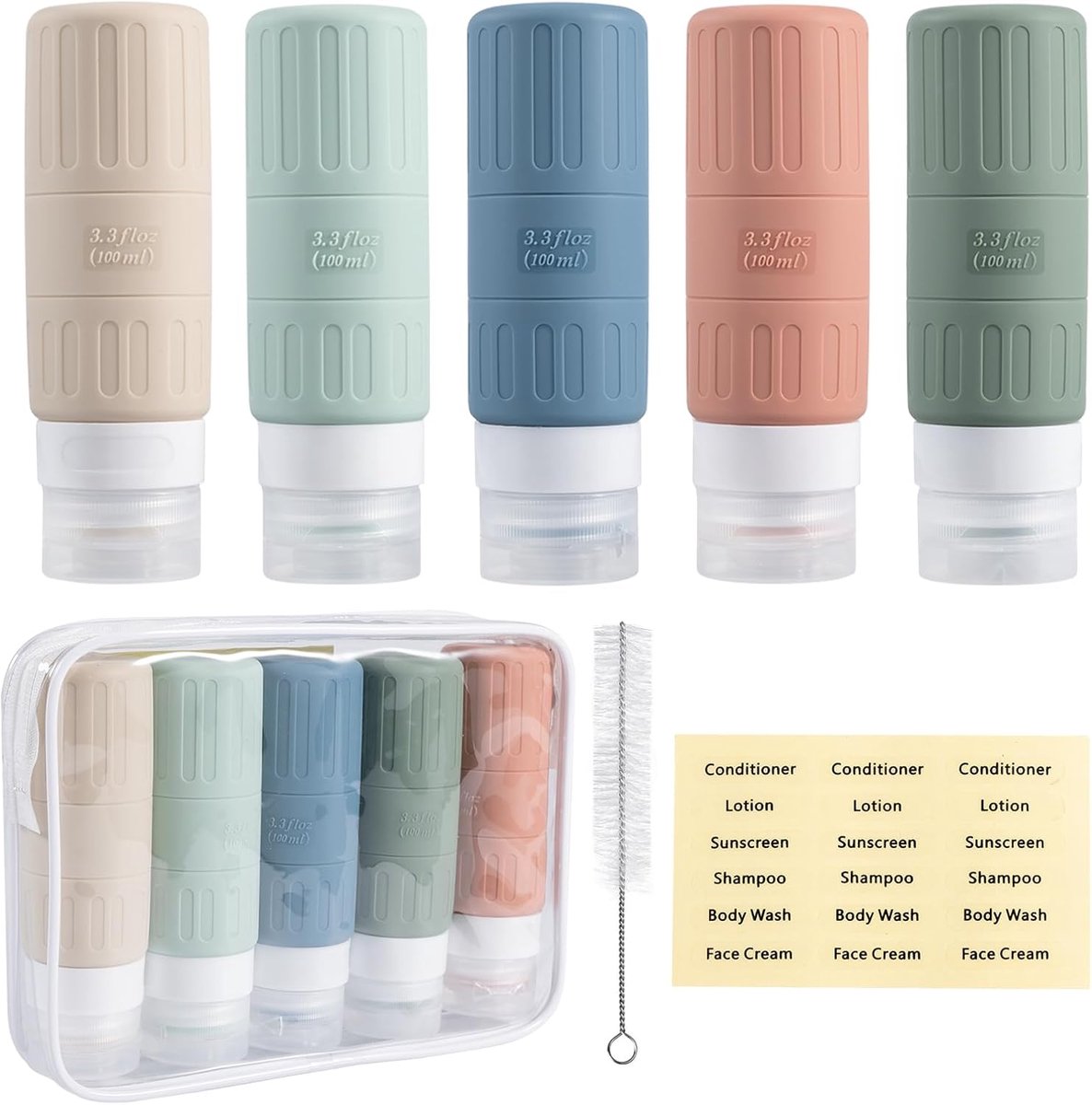 SnelShoppen - Pack van 5 100 ml Silicone Reisflessen - Lekvrije Flessen voor Shampoo, Douchegel, Cosmetica - Perfect voor Vliegreizen, Kamperen, en Me