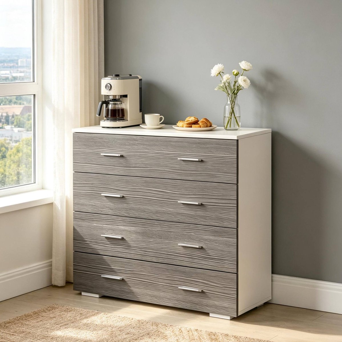 FloraGrace Dressoir - Ladekast Met 4 Lades - Voor Woonkamer Slaapkamer Hal Of Kantoor - Spaanplaat En Metaal - 76x35x72 Cm - Wit Grijs