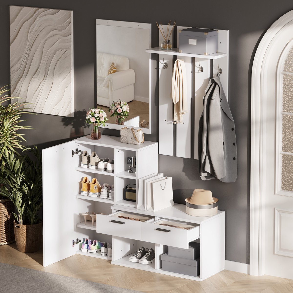 FloraGrace Schoenenkast - Halgarderobe Met Spiegel, Haken En 2 Laden - Smal Opbergsysteem Voor Hal En Slaapkamer - MDF - 120x35x175,5 Cm - Wit
