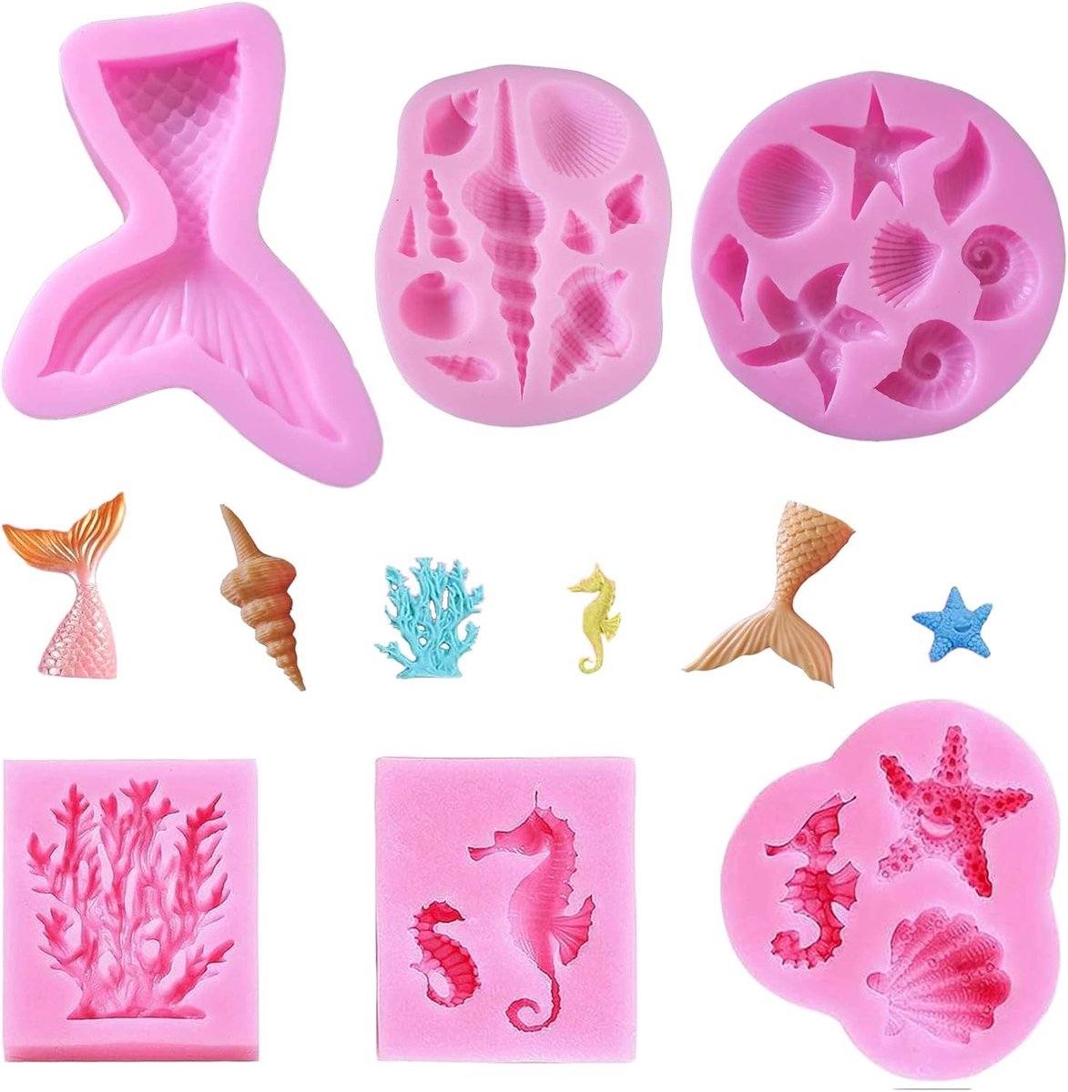 Mermaid Silicone Mallen Set van 6 Stuks voor het Maken van Snoep, Chocolade en Jelly met Oceaan Dieren Thema