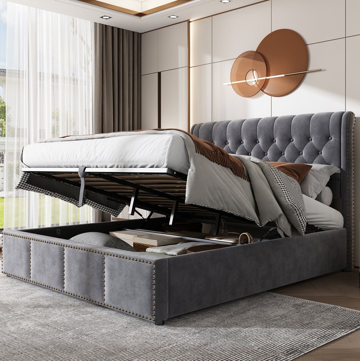 MIVRAY Gestoffeerd Bed 140x200 cm - Tweepersoonsbed Met Hydraulische Opbergruimte en Lattenbodem - Zonder Matras - Fluweel - Grijs