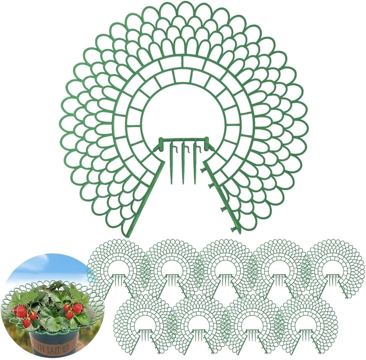 Ondersteunende Plantstand voor Aardbeien, 10 Stuks, Plastic, Groene Plantstand in Bloemblaadvorm voor Aardbeien en Tomaten, Ideaal voor Tuinieren en Plantenverzorging