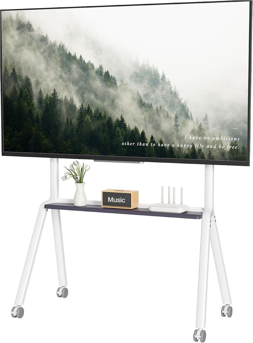 Oprolbare TV standaard voor platte en gebogen televisies van 55-100 inch, wit en verstelbaar