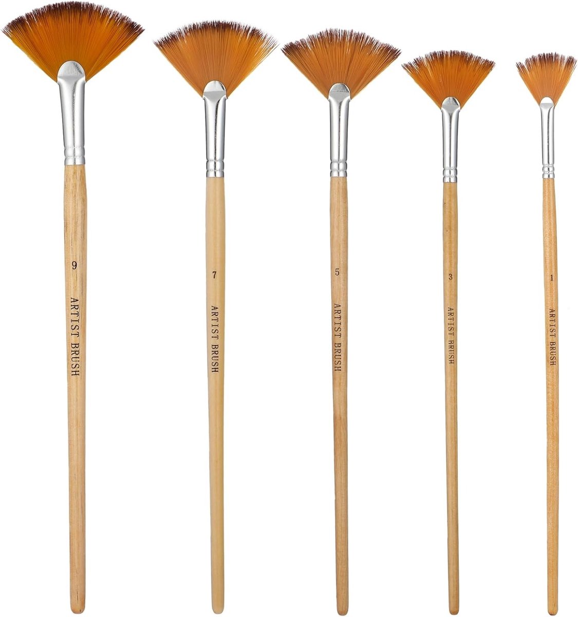 Schilderkwasten Set van 5 Stuks met Lange Houten Handvatten voor Acryl- en Waterverf, Inclusief Diverse Maten en Nylon Penseelvormen