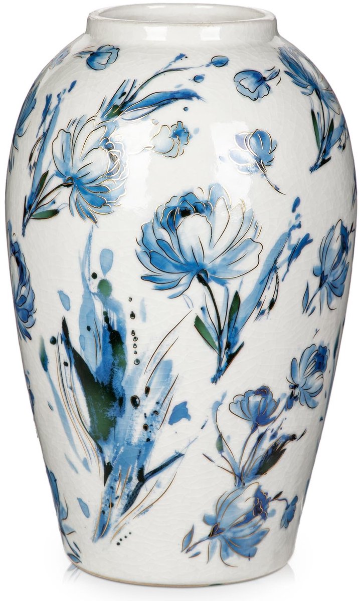 Keramische Vaas Set - Handgeschilderde Bloemen - Wit en Blauw