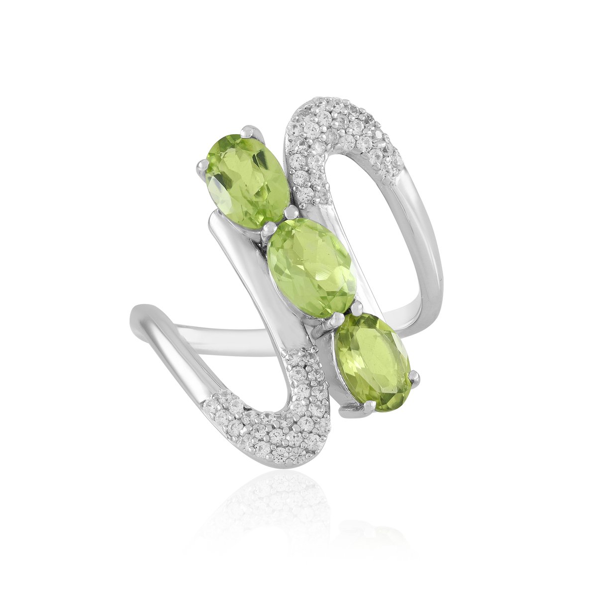 Cavill - Zilveren Ring met Platinering - 2,04 ct Ovaal Geslepen Peridoot - 52 Zirkonia Accenten - Luxueuze Asymmetrische Ring Dames