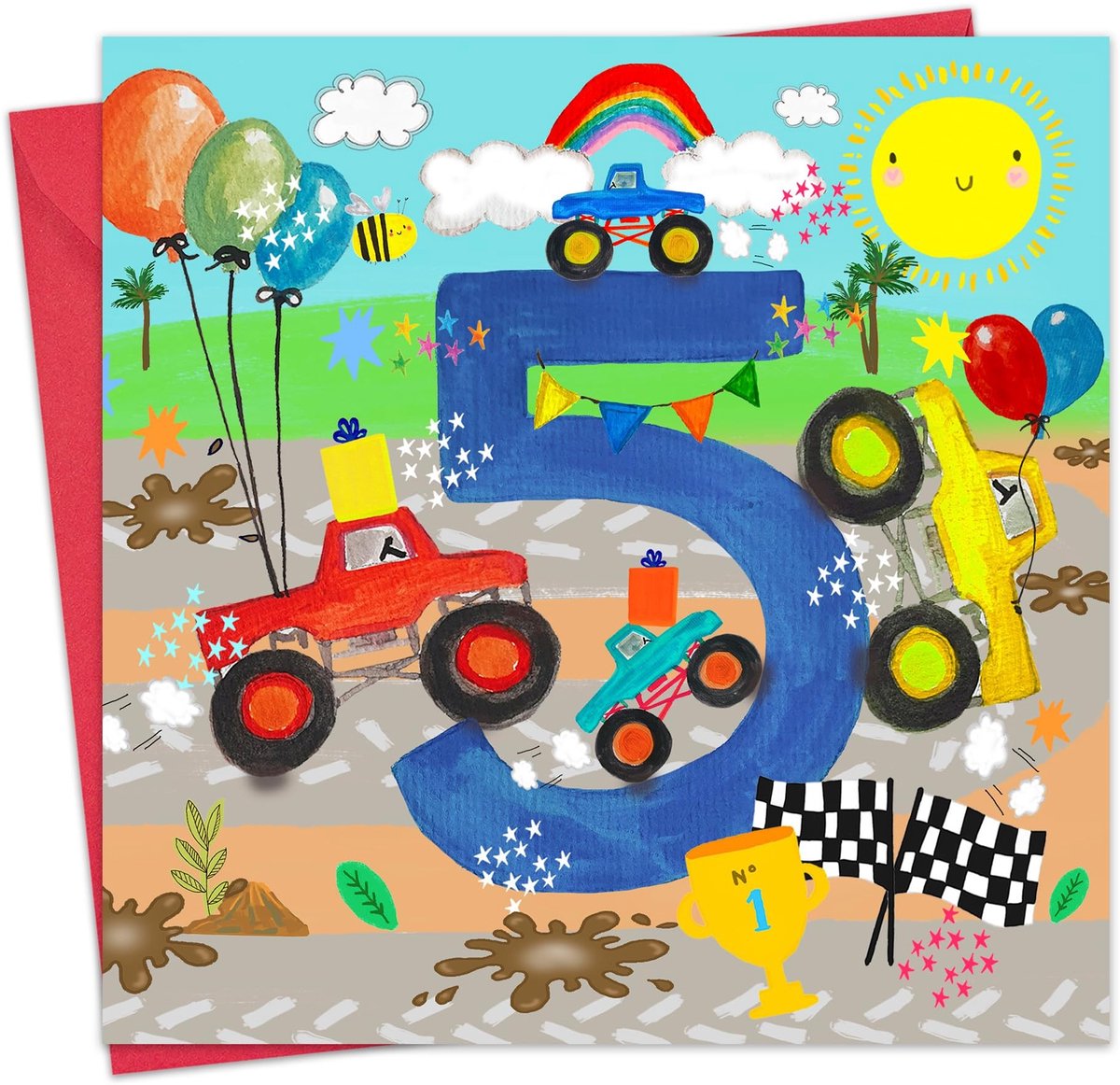 Verjaardagskaart voor jongens - Monster Trucks - 5 jaar