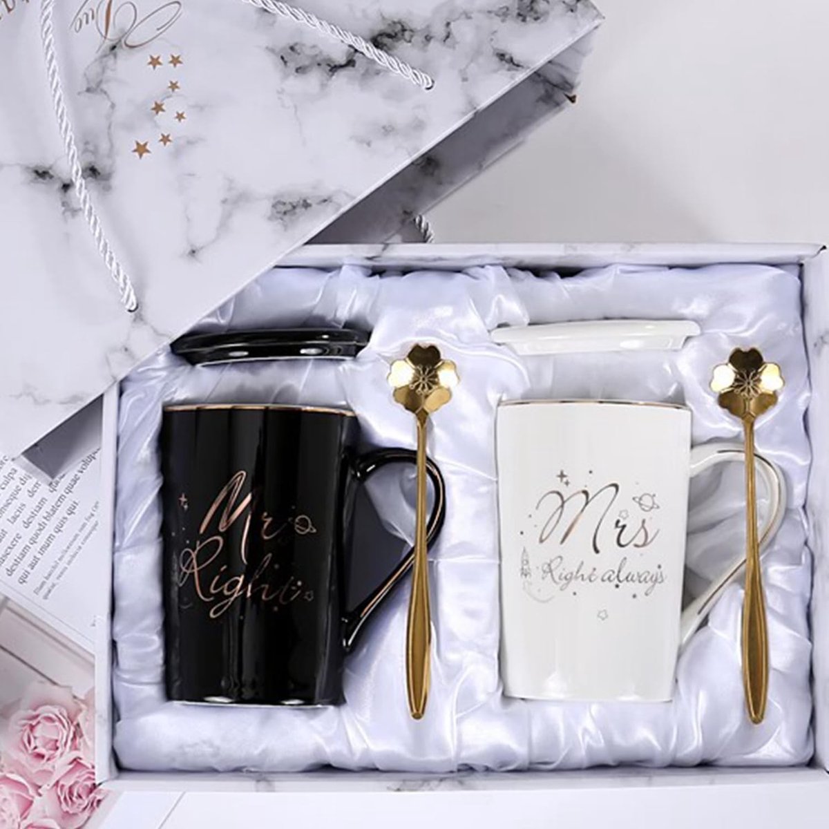 Set van 2 Koffiemokken voor Valentijnsdag, Verloving en Verjaardag - Zwart en Wit Cadeaus voor Koffieliefhebbers