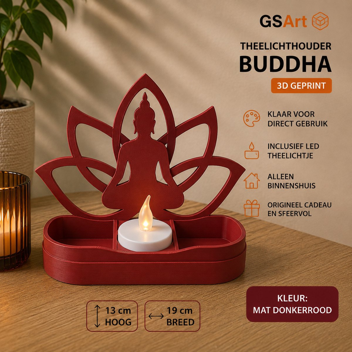 GSArt Theelichthouder Buddha 19cm – Lotus – Inclusief LED Theelichtje - Mat Donkerrood