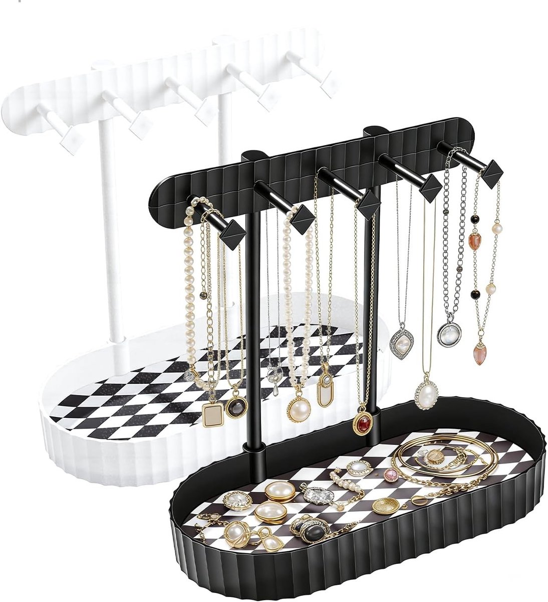 Sieradenboom voor Vrouwen, Sieraden Organizer met 5 Haakjes voor Oorbellen, Kettingen en Ringen, Wit en Zwart, 2 Stuks, Perfect voor Sieradenopslag en Decoratie