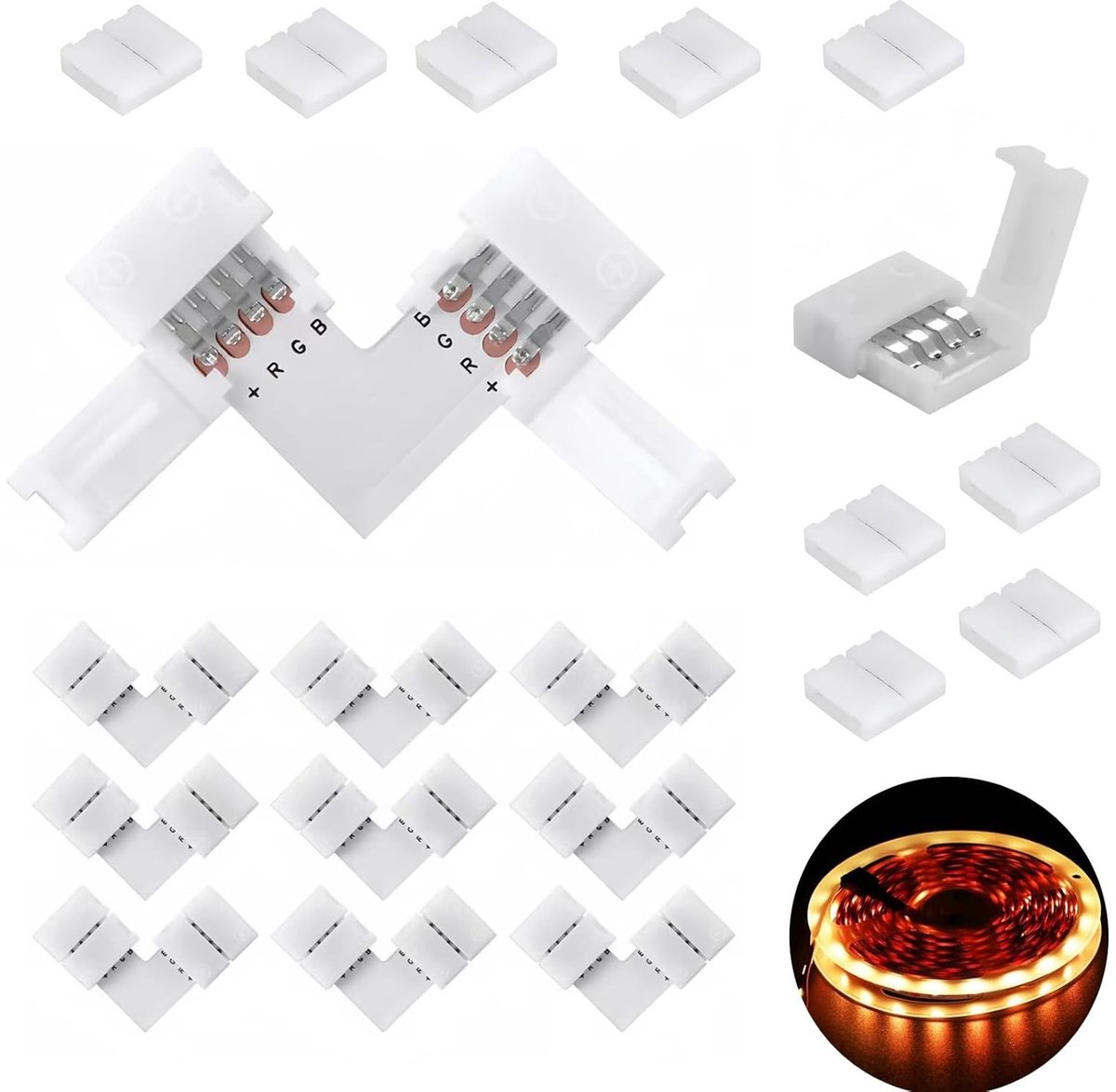 20-delige set LED strip accessoires met L-vormige en snelle connectors voor 10mm RGB SMD 5050 lichtstrips en hoekverbindingen