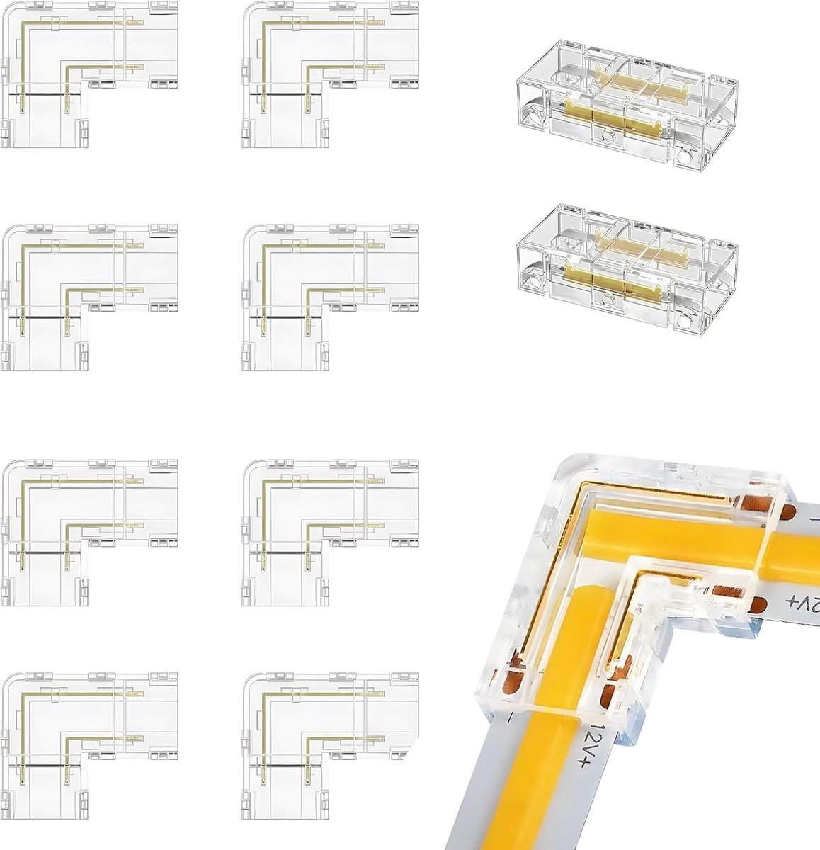 Connector Set voor LED Strips - 2 Transparante Middenconnectoren en 8 L-vormige Connectoren, Solderloze Verbinding voor 2-Pin 8 mm LED Strips, Geschikt voor 12V en 24V Verlichting, Ideaal voor COB LED Hoekverbindingen