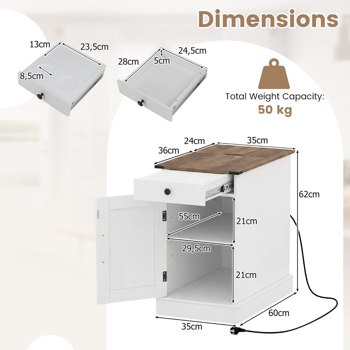 SureDeal® - Bijzettafel - Dressoir - Oplaadstation Nachtkastje - Neerklapbaar Tafelblad - 35x60x62 cm - Wit