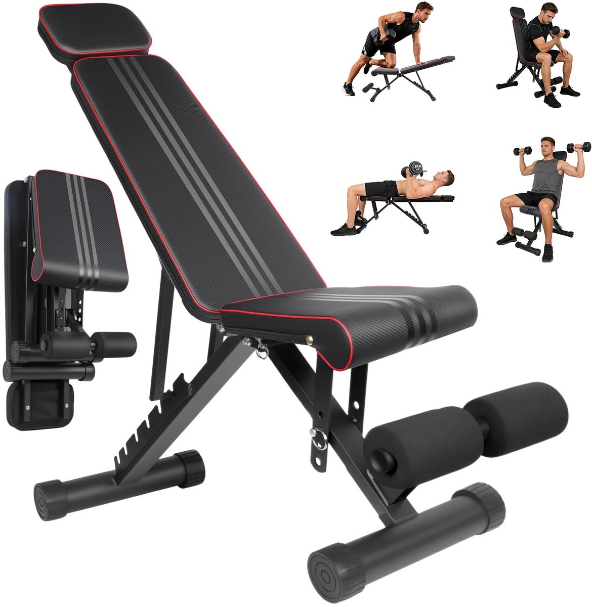 Gudalio Fitnessbank - Halterbank - Gewichthef- en Trainingsbank - Krachttraining - Verstelbaar - Opvouwbaar - Tot 300 kg - Zwart/Rood
