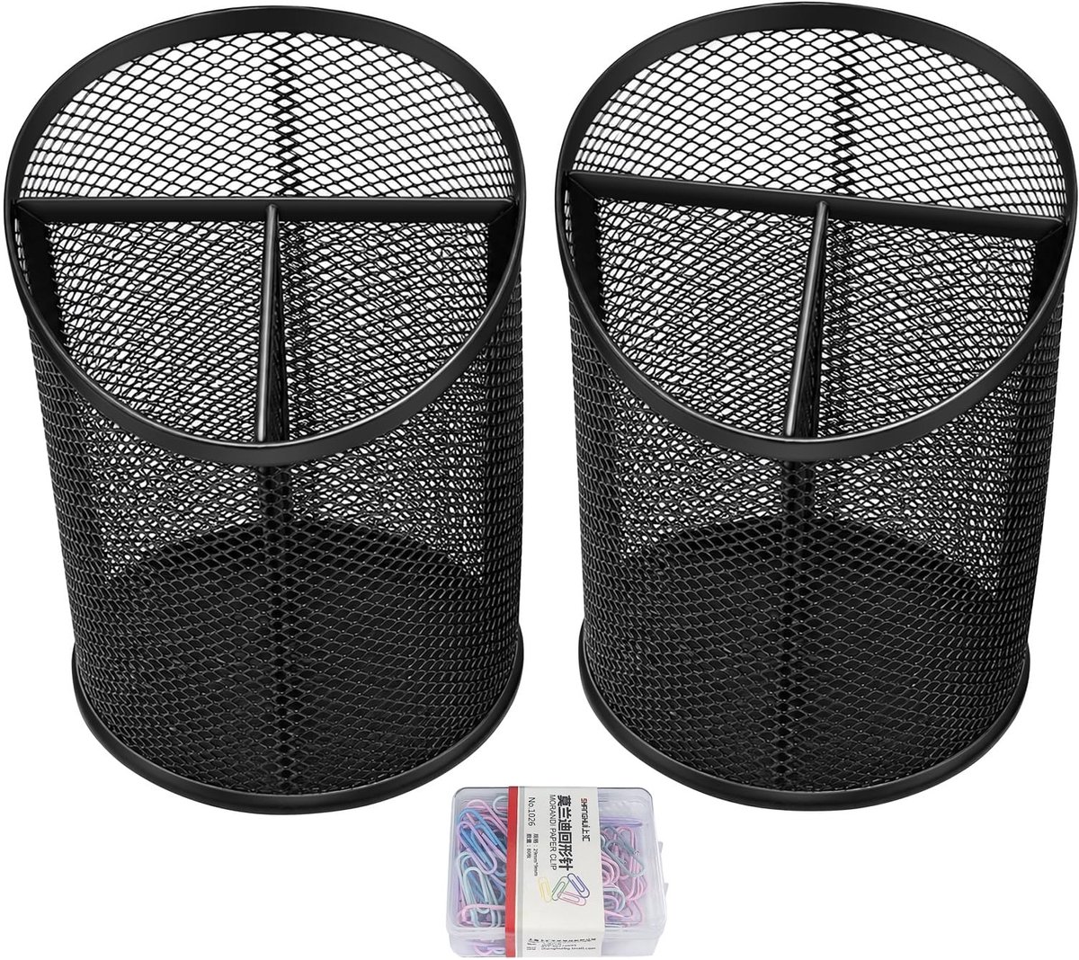 2 stuks mesh pennenhouder - 3-vaks met 80 paperclips - zwart