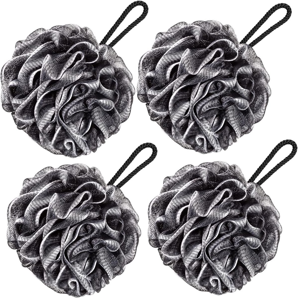 Grote Bad Loofah Set van 4 - Zwarte Douche Spons en Lichaams Scrubber voor Mannen en Vrouwen, Perfect voor Peeling en Verzorging