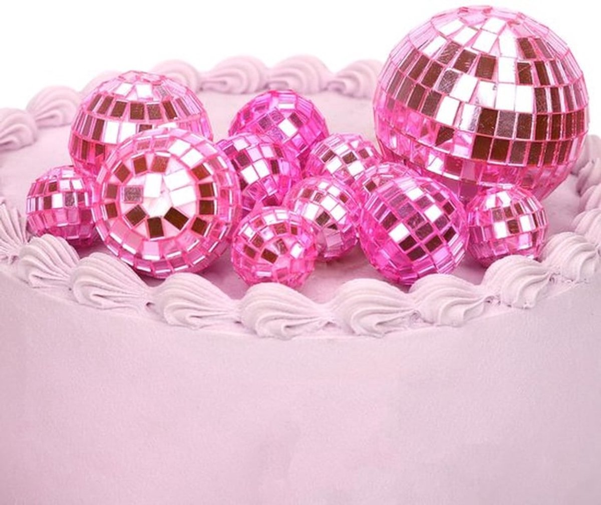 12 stuks Disco Bal Taart Toppers, 4 Maten Disco Thema Taart Toppers Disco Bal Cupcake Decoraties Dessert Accessoires voor Verjaardagstaart 70s Thema Feest Favoriet (Roze)