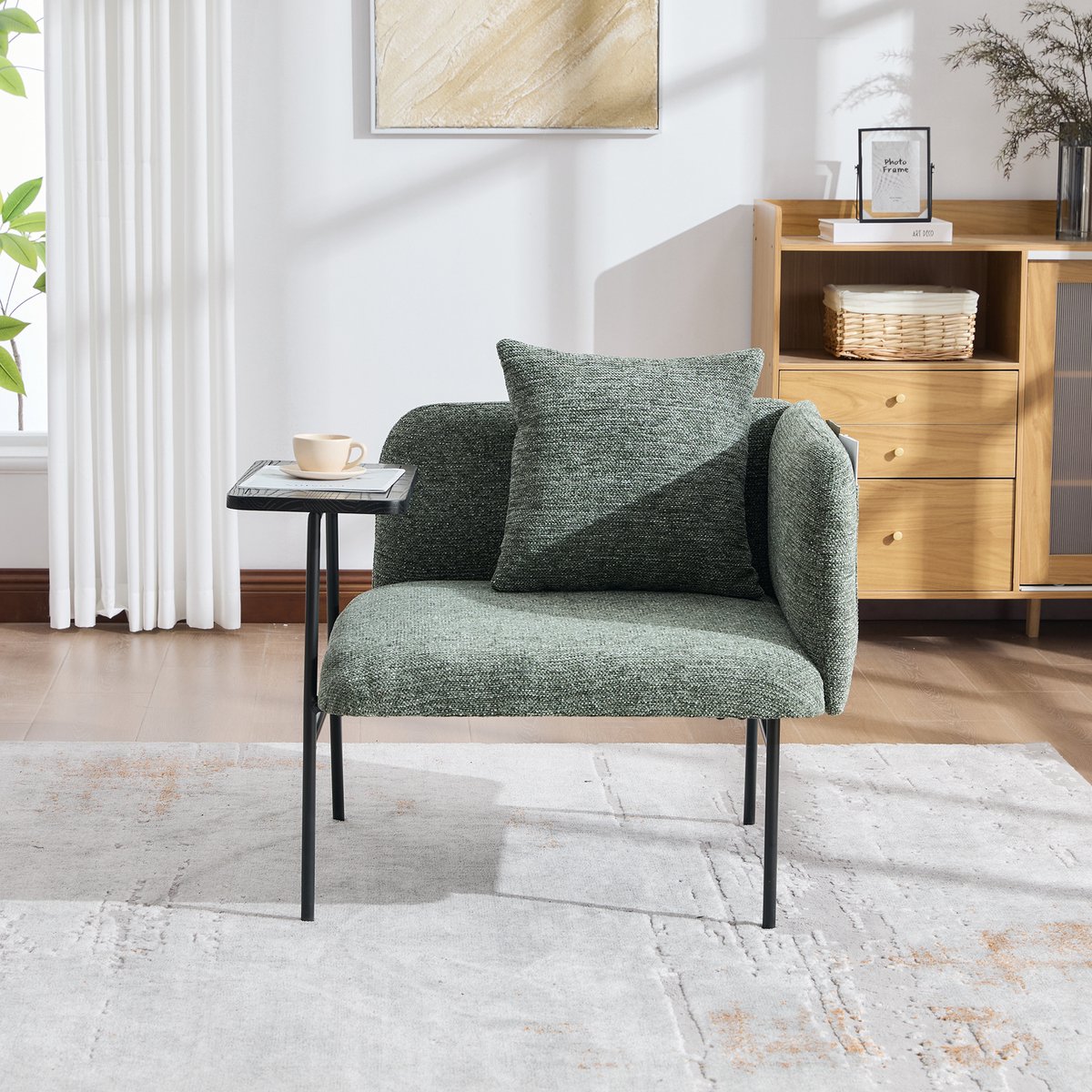 Moderne fauteuil met stoffen rugleuning en 2 opbergvakken - inclusief praktische bijzettafel - minimalistisch design met opbergruimte - stabiel metalen frame - comfortabele zitervaring - ruimtebesparend