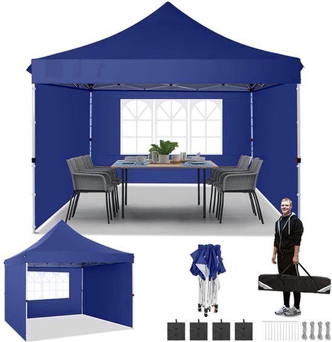 Paviljoen – Tuinent – Pop-Up Tuent – Overkapping – Partytent – 3x3 Meter – Verstelbare Hoogte - Donkerblauw
