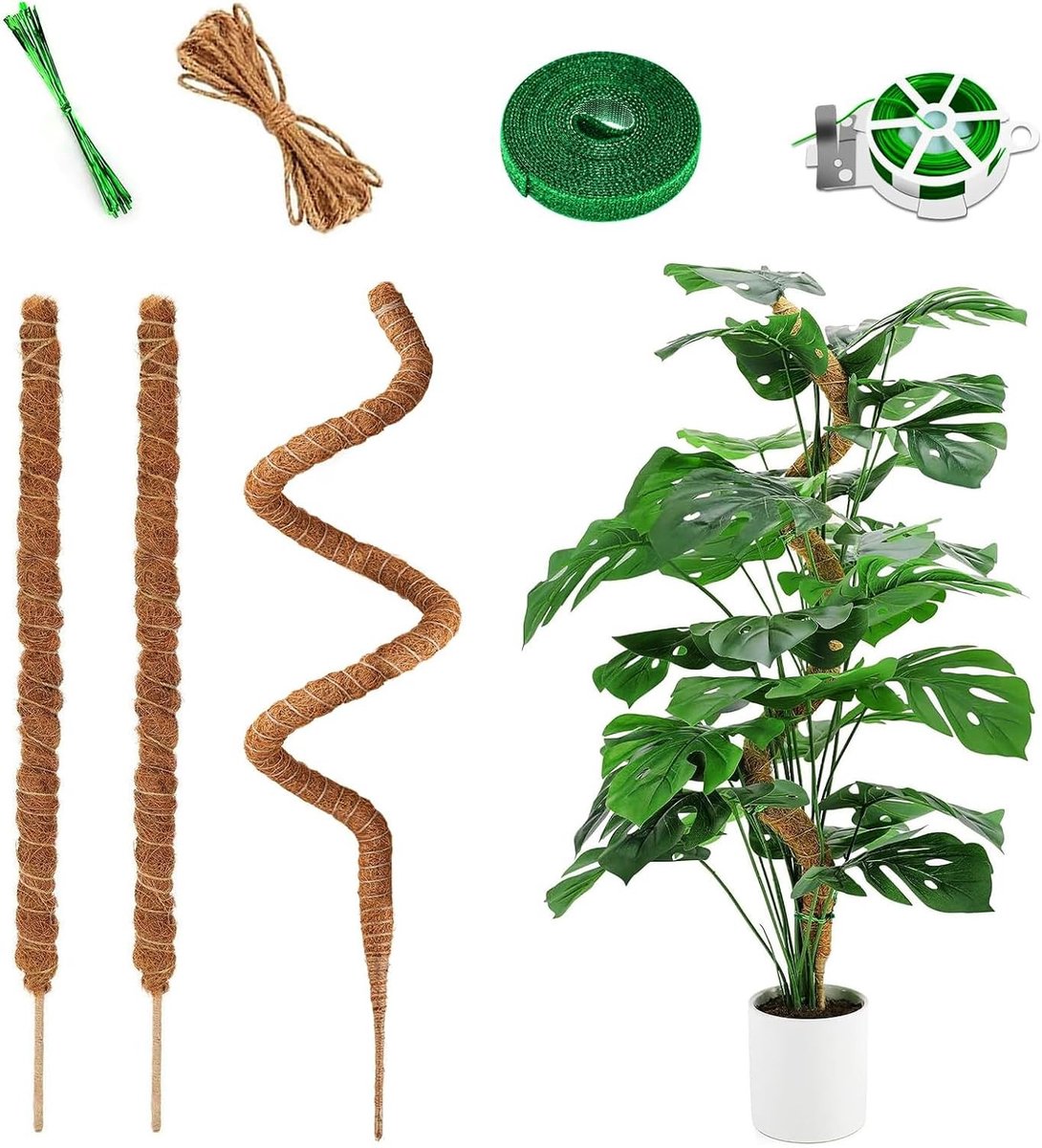 Klimplantsteunen Set van 3 - Flexibele Kokosvezel Mosstokken van 120 cm en 60 cm met Jute Touw voor Monstera en Andere Klimplanten