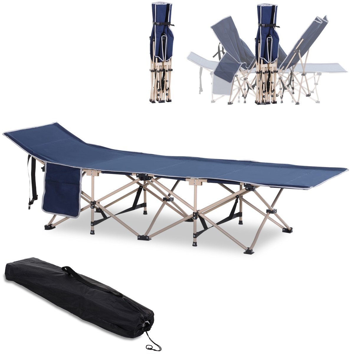 Opvouwbaar campingbed-weerbestendig-inclusief draagtas-190 cm x 68 cm x 52 cm-blauw