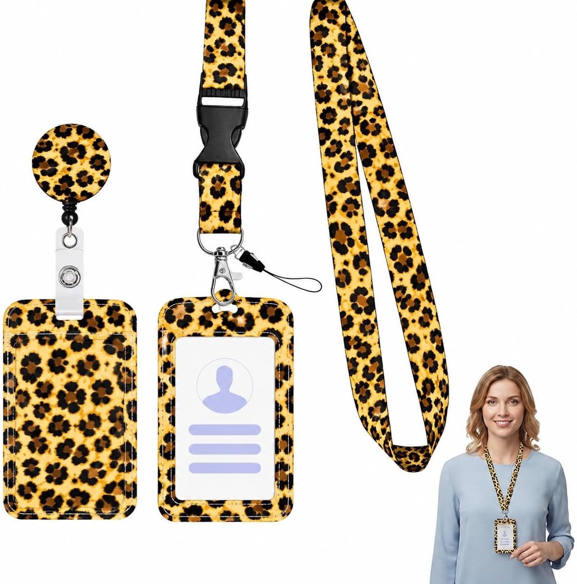 Leopard Patroon Badgehouder met Retractable Lanyard en Carabiner Clip - Verticale Kaartbeschermer voor 2 Kaarten - Stijlvolle Kaartcase voor Werknemers, Verpleegkundigen en Leraren