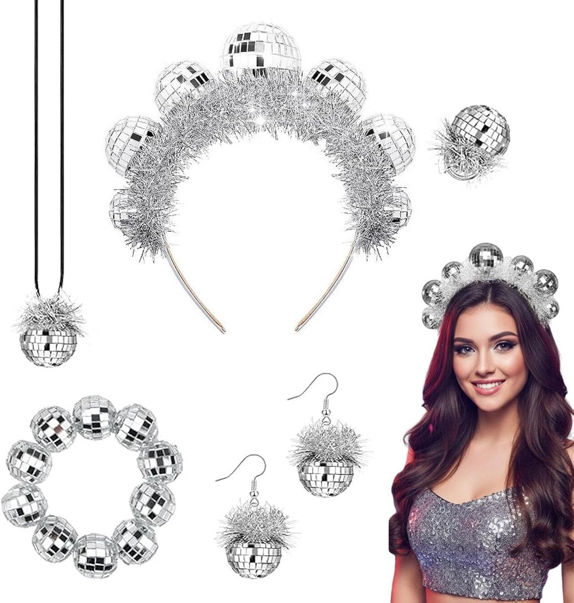 Vrouwelijk Disco Bal Kostuum met Hoofdband, Oorbellen, Armband, Ringen en Ketting voor Carnaval en Feestjes, Perfecte Accessoires voor Fotografie en Themed Parties