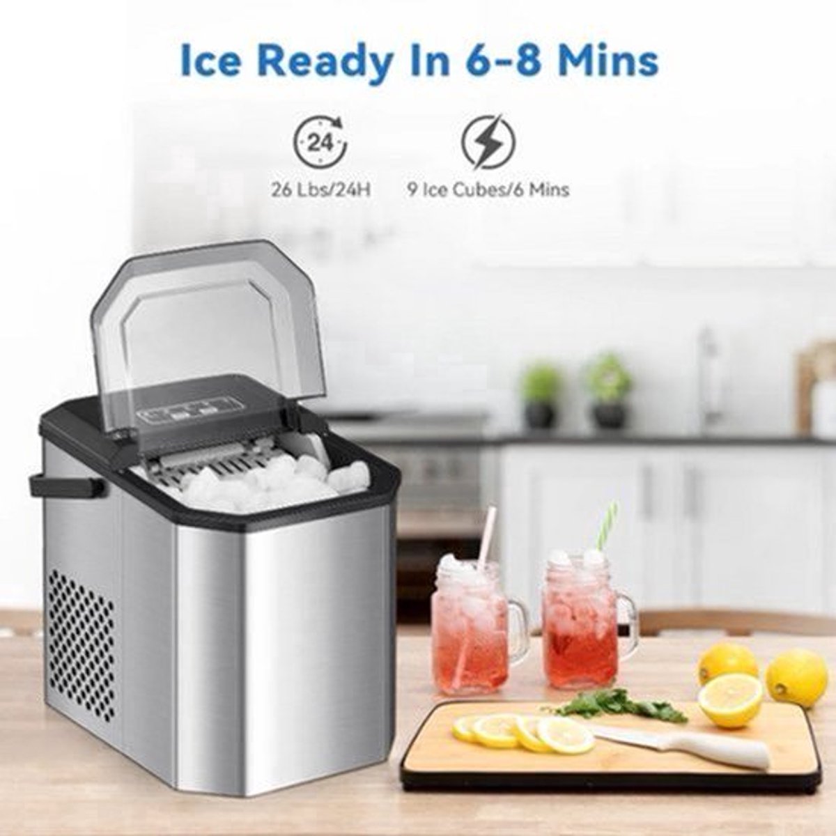 Ijsblokjesmachine - Elektrische Ijsblokjesmachine - Ijsmaker - Ijsmachine - 9 Kubussen elke 6-12min - Zelfreinigend - 45 dB - RVS - 22.2 x 29.4 x 29 cm - Zilver