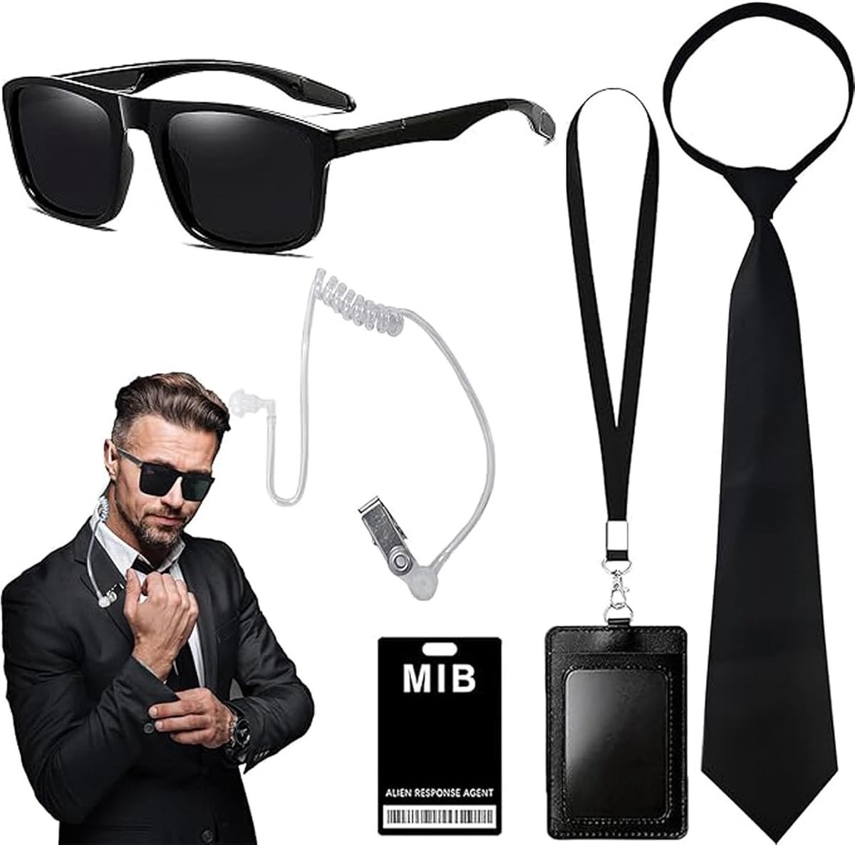 Agenten Kostuumaccessoires Set met Zwarte Zonnebril, Kabelbinder, Telefoon ID Kaart en Kaarthouder voor Halloween, Carnaval en Cosplay Feestjes