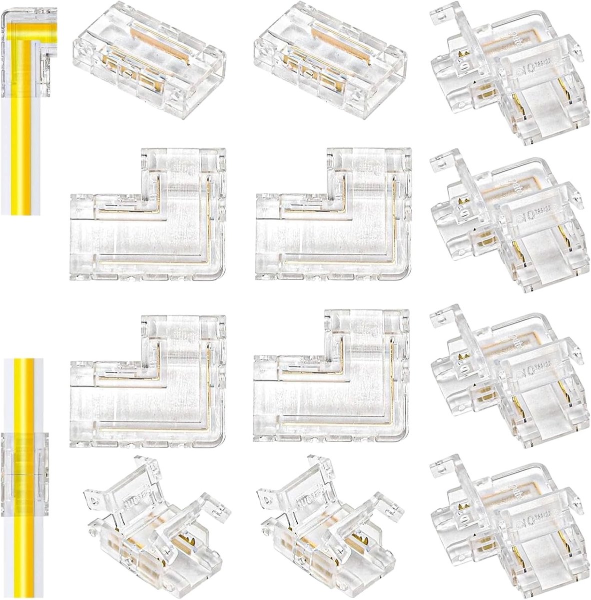12 x COB LED strip connectors 10 mm, 2-pins, soldeervrij, L-vormige en rechte connectoren voor 12V en 24V LED strips, eenvoudig te installeren zonder solderen