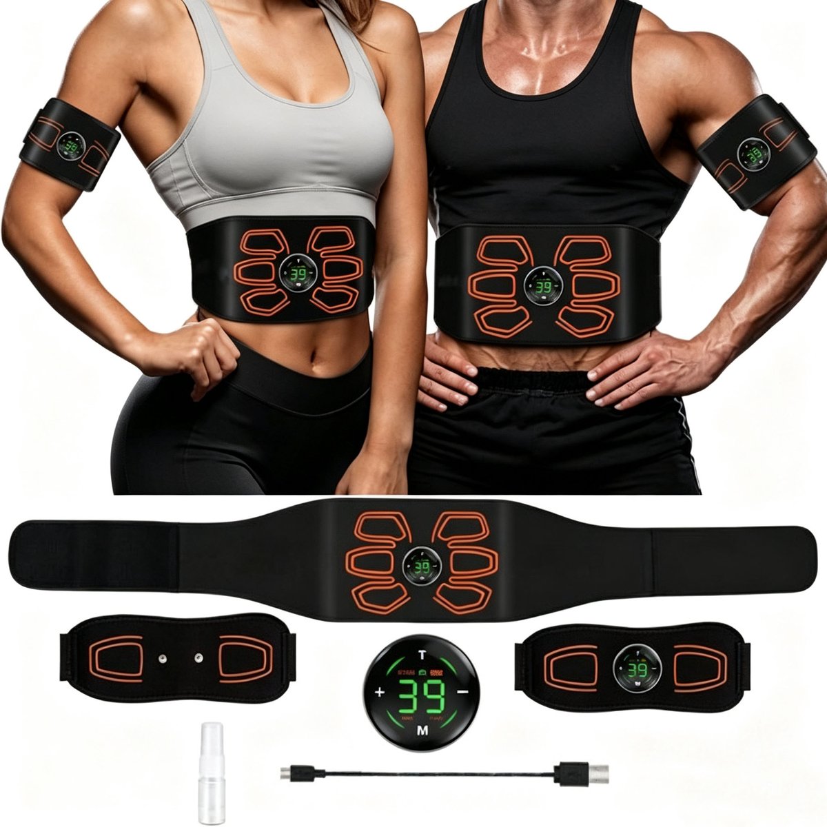 Namajunas EMS Trainer USB oplaadbaar - Buikspiertrainer - Afslankende buikband - Elektrische trainer, 15 standen, 39 intensiteiten - Elektrische spierstimulator met lcd-display - Buik- en armspiermassager - Unisex