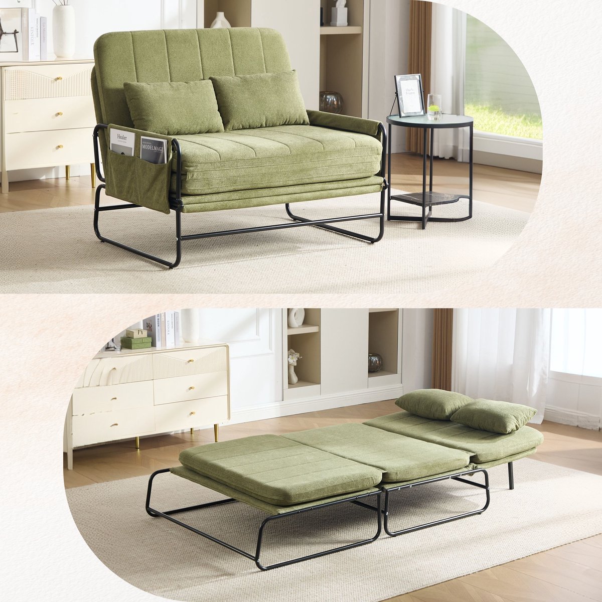 2-zits klapbank - ombouwbaar tot tweepersoonsbed - met metalen frame - met opbergruimte aan de zijkant - moderne groene chenille stof - ideaal voor woonkamer, thuiswerkplek en logeerkamer