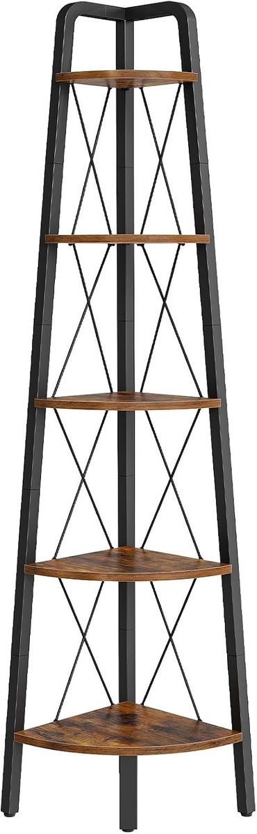 Vijflaags boekenplank, vrijstaande hoekplank, opbergplank voor woonkamer, slaapkamer en keuken, vintage bruin en zwart, ideaal voor planten en decoratie