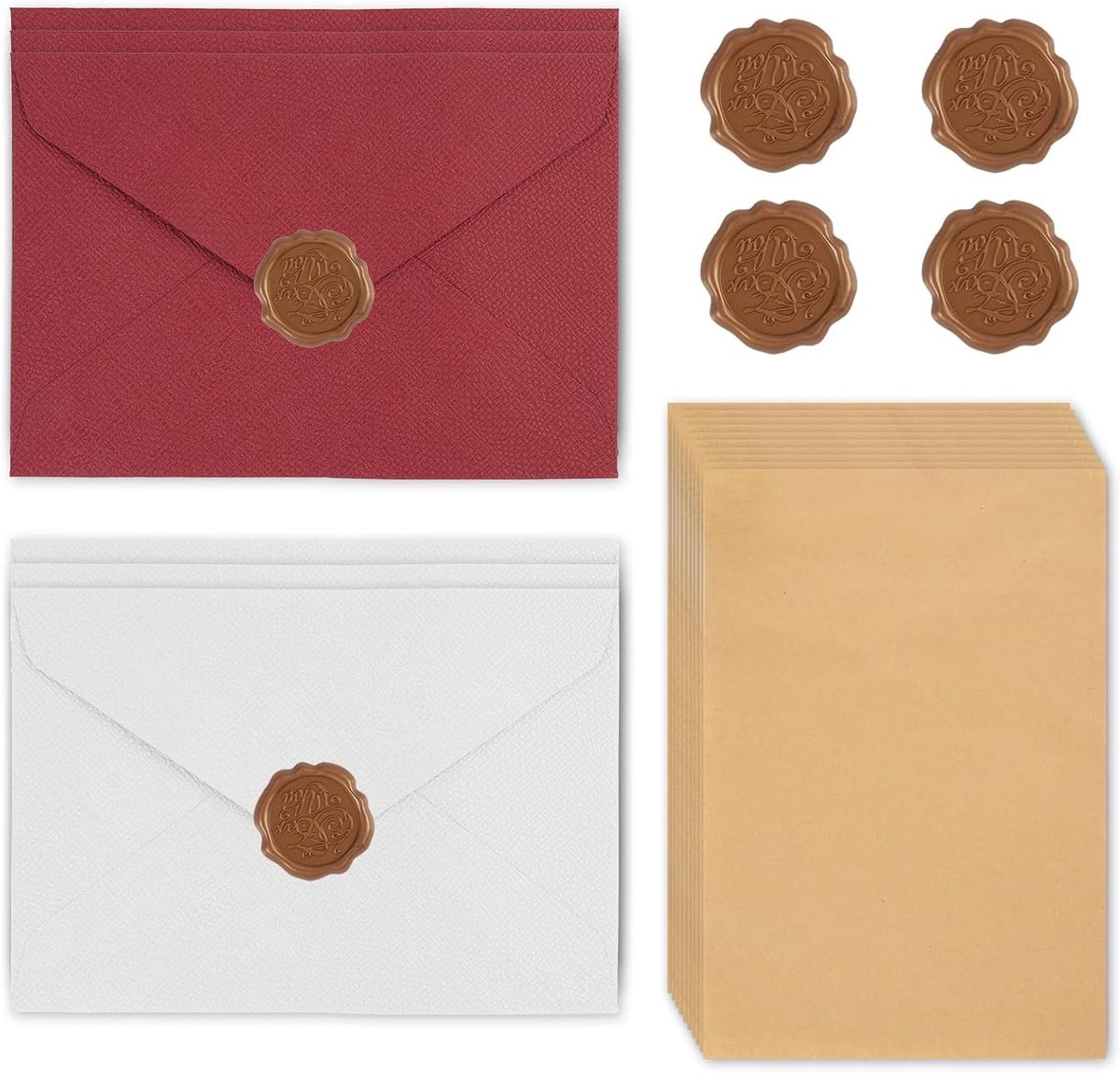 Vintage briefpapier set met 22 onderdelen, A5 kraft papier, linnen enveloppen en waszegels voor brieven, bruiloften en verjaardagen