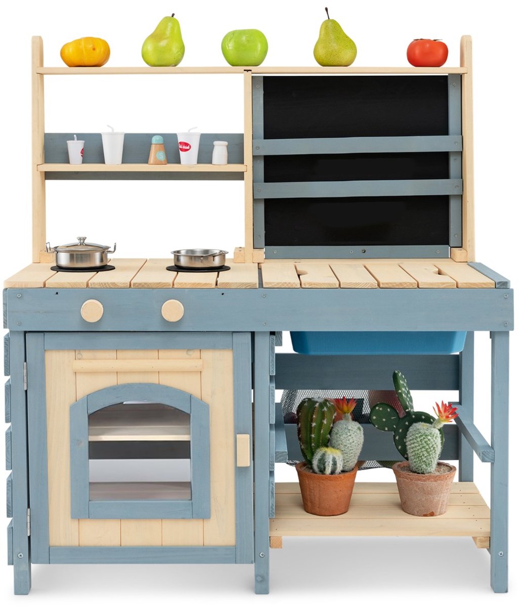 SureDeal® - Rollenspell - Outdoor Modderkeuken Kinderspeelkeuken - Kruidenierswinkel - Kraan - 80x49,5x94 cm - Blauw + Naturel