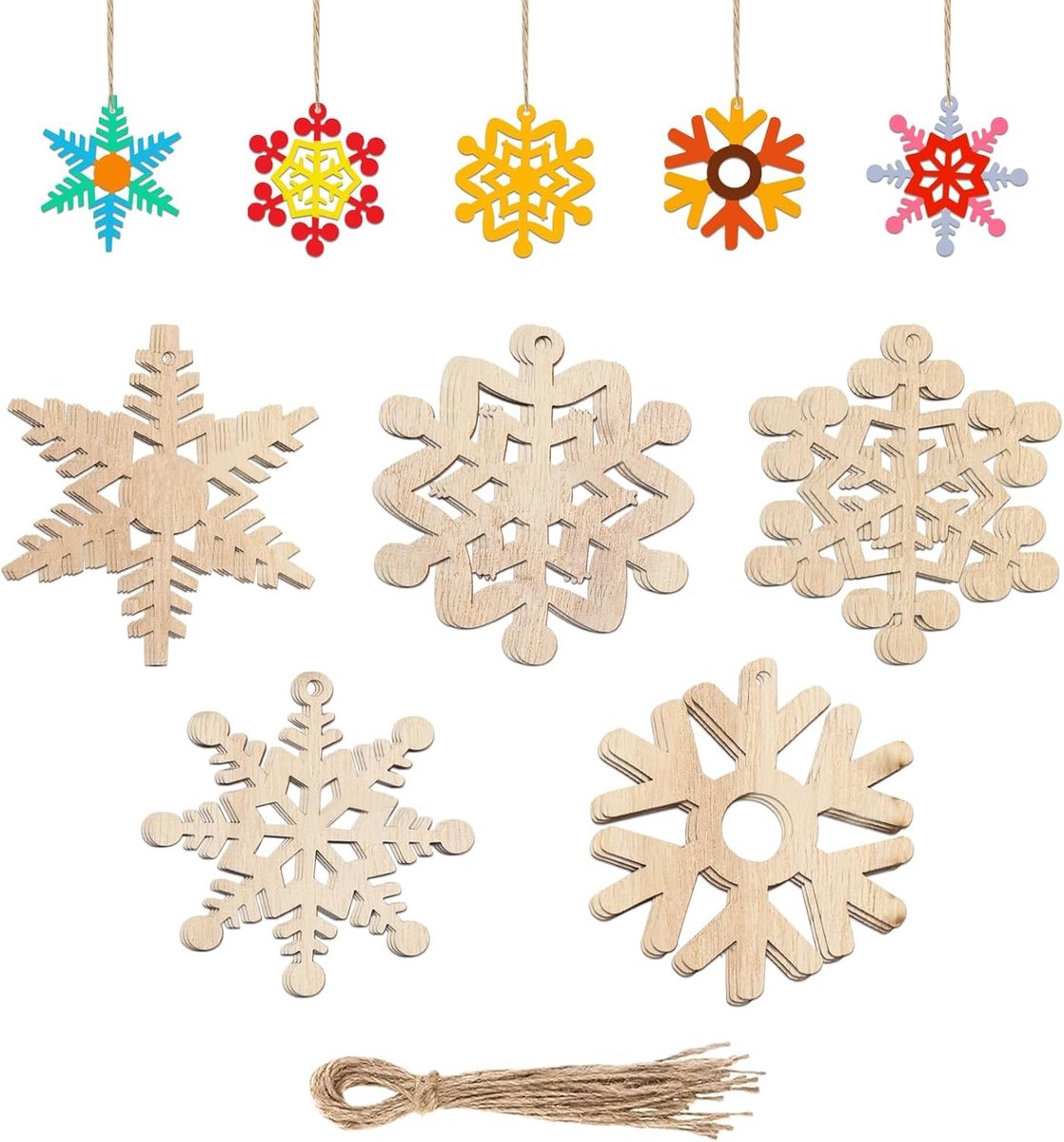 Houten Sneeuwvlokken Kerstboomdecoratie – 20 Stuks – Kerstornamenten voor DIY, Natuurlijke Kleur, Binnen en Buiten Gebruik