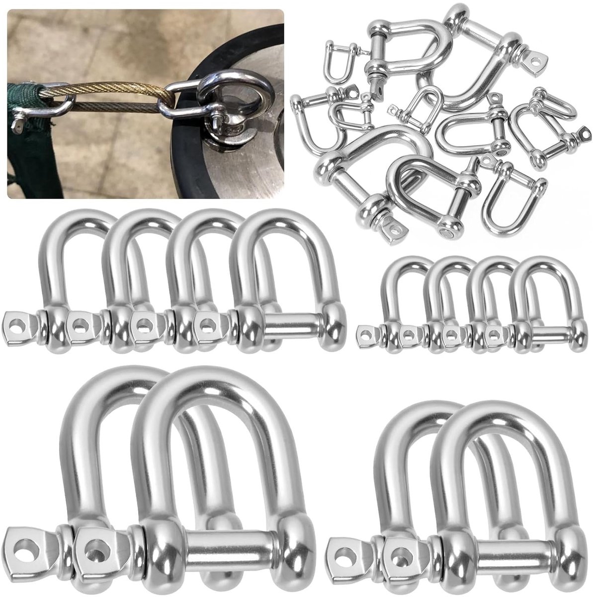 8 Stuks M8 (5/16") RVS D-ring Shackles, Schroefpen Ankerschakels voor Zware Lasten, Ideaal voor Touw, Camping en Lifting