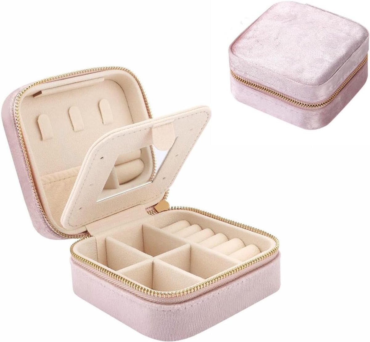 Reisjuwelendoosje van miniatuurformaat, fluwelen opbergdoos met spiegel voor sieraden, ringen, oorbellen, kettingen en armbanden in roze kleur