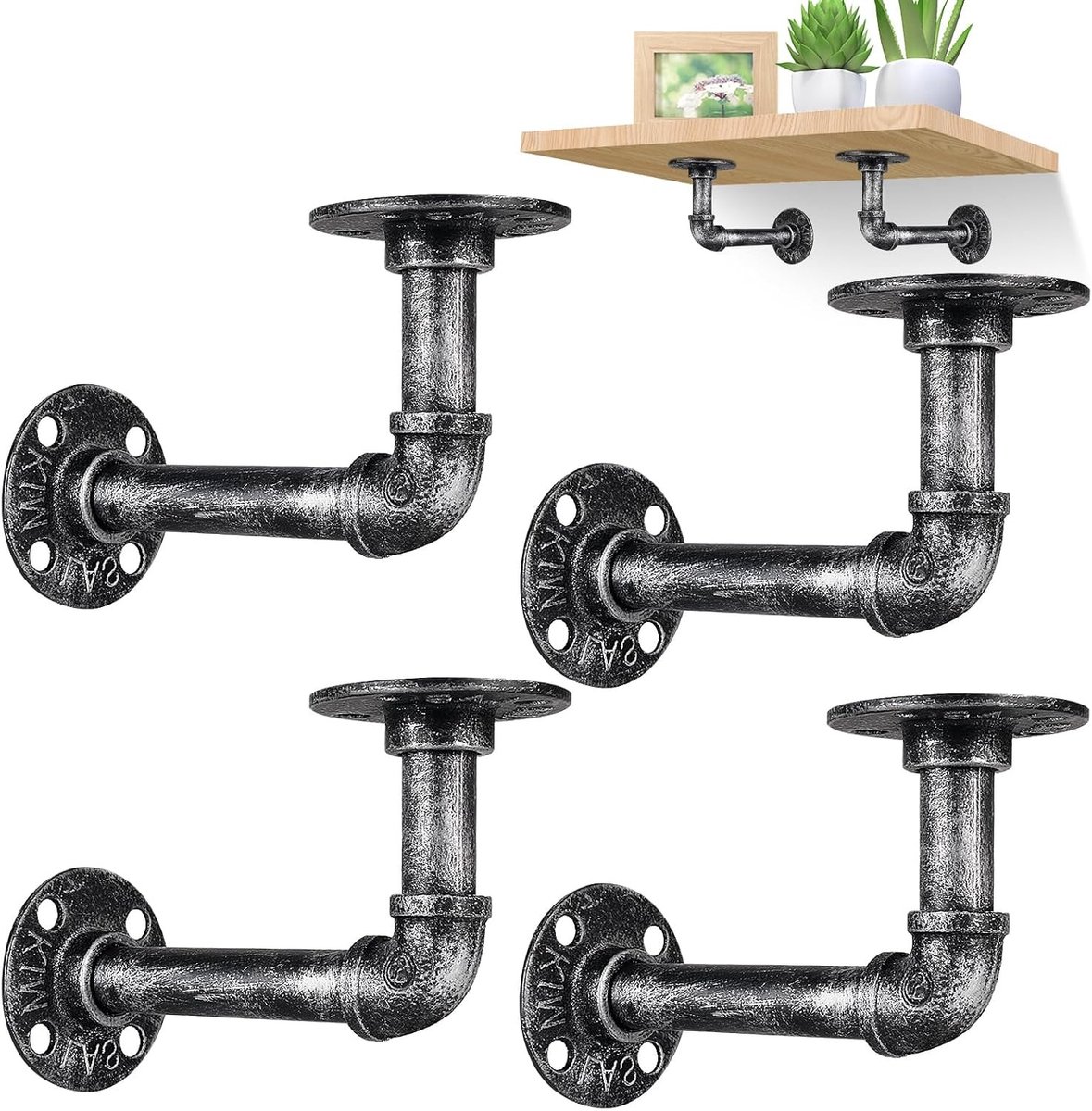 Set van 4 Industriële Tube Beugels voor Retro Planken, Zwevende Rekken en Vintage Decoratie (Zilver, 15 x 8 cm)