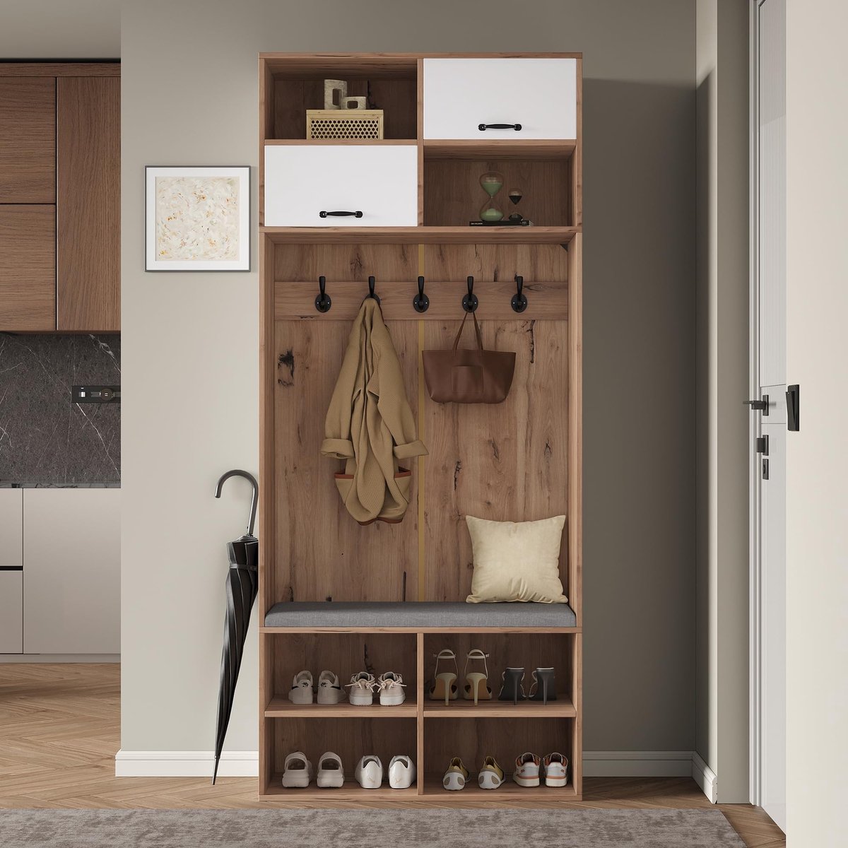 Complete Garderobeset voor Hal - 5 Haken en 2 Deuren, Wit en Natuurlijk Hout, 80 x 185 x 35 cm