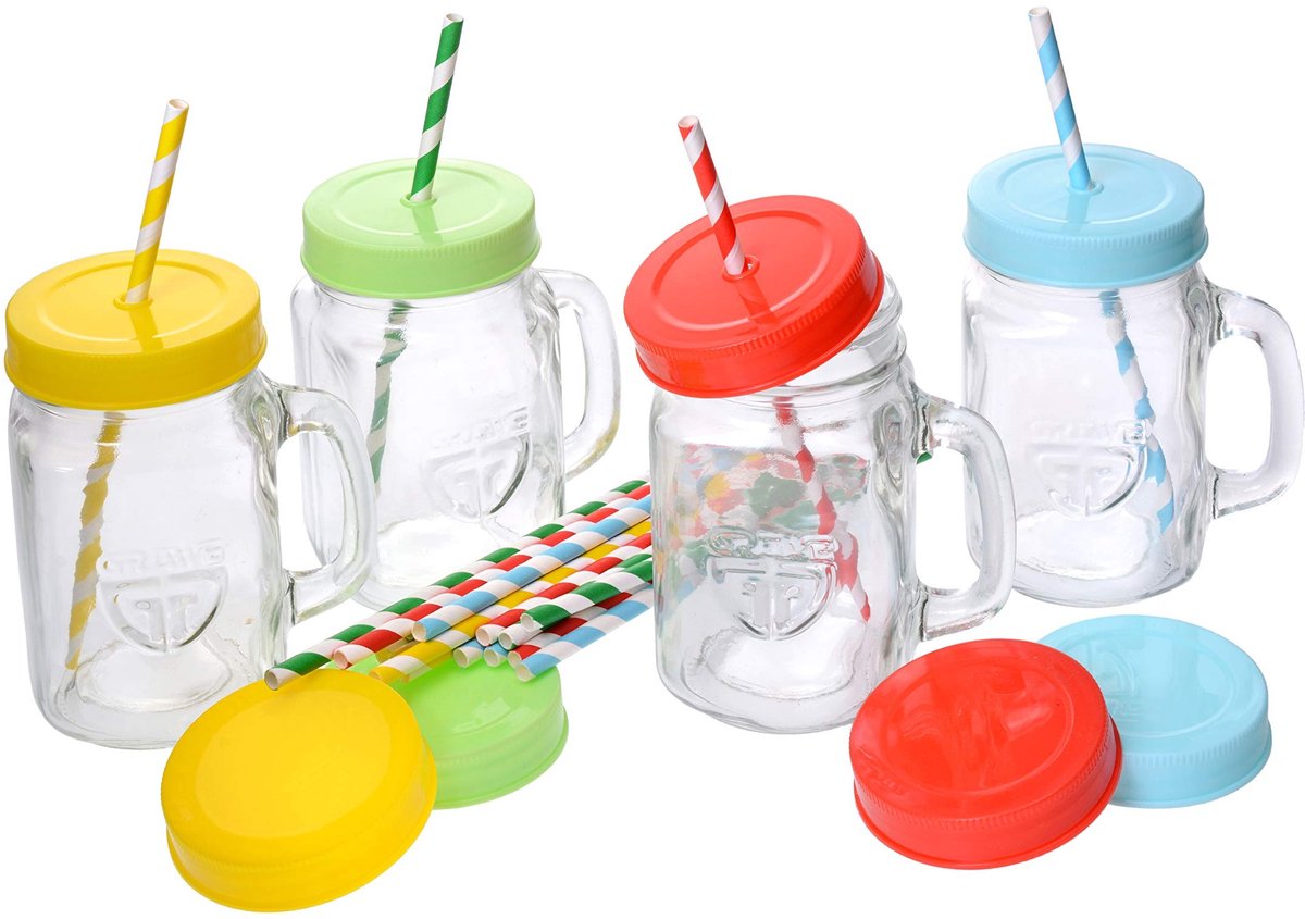 Drinkglas met Deksel en Rietje - Set van 4 - 450 ml
