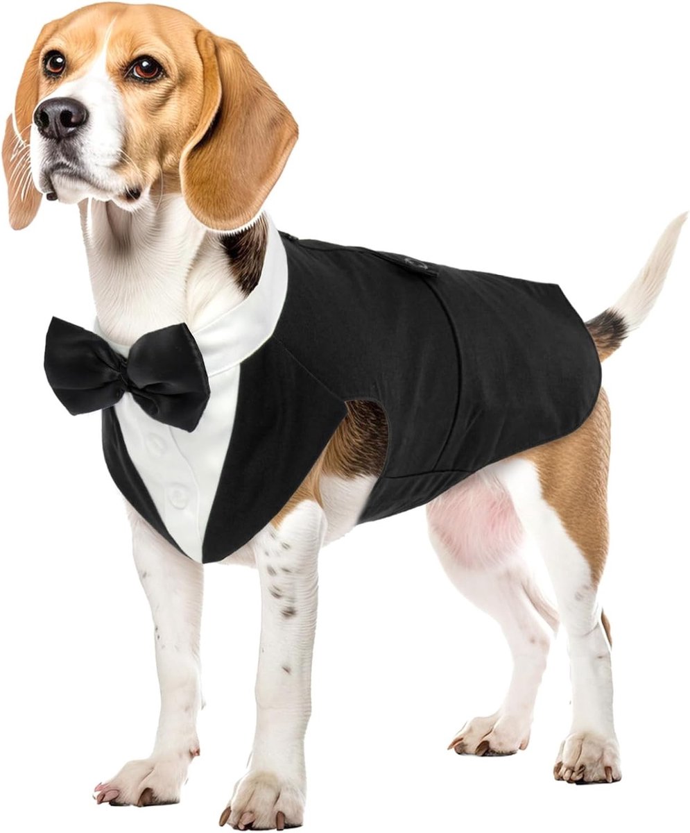 Formele Honden Tuxedo Kostuum voor Trouwerij, Feestoutfit met Afneembare Strik en Knopen voor Kleine en Middelgrote Honden (Zwart, L)