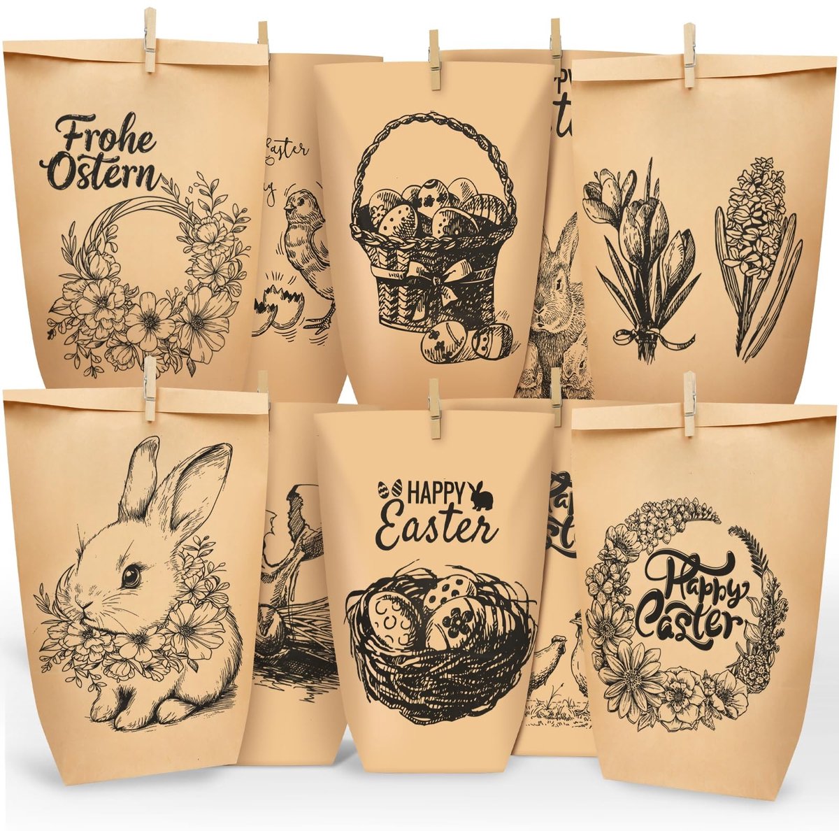 Paasgeschenkzakjes - 12 stuks met konijnen en bloemen