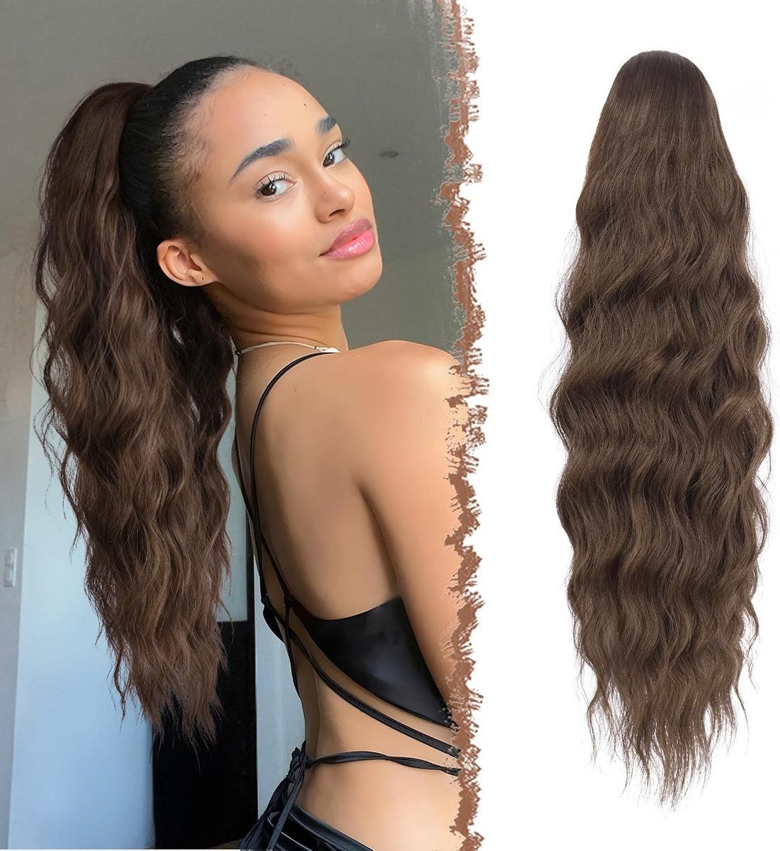 Langste Ponytail Haarstuk met Kam - Krullend Golvend Haar - Mix van Bruin - Synthetische Haarextensions voor Vrouwen, 60cm, Perfect voor Feestjes en Dagelijks Gebruik