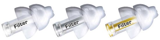Drie Alpine MusicSafe Pro oordopjes met verschillende filterkleuren: transparant, zilver en goud.